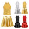Top Corto da Ragazza Senza Maniche Scollo a Schiena Scoperta Paillettes Lucide Scollo all'Americana Gonna Metallizzata Set Costume da Cheerleader7.65