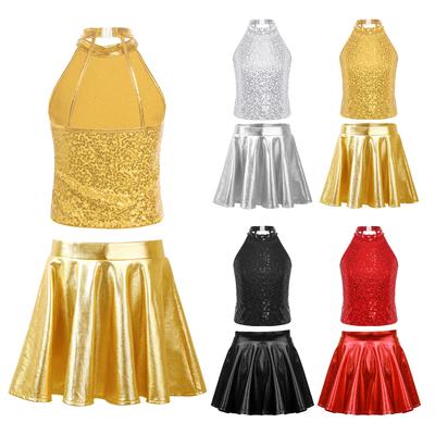 Mädchen ärmellos rückenfrei glitzernd Pailletten Neckholder Crop Top Metallischer Rock Cheerleading Kostüm Set7.65