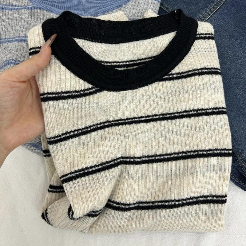 

Корейский Молодежный Шик Цветной Блок Полосатый Трикотажный Базовый Слой Женский Весенний Топ Универсальное Внутреннее Белье Свитер L