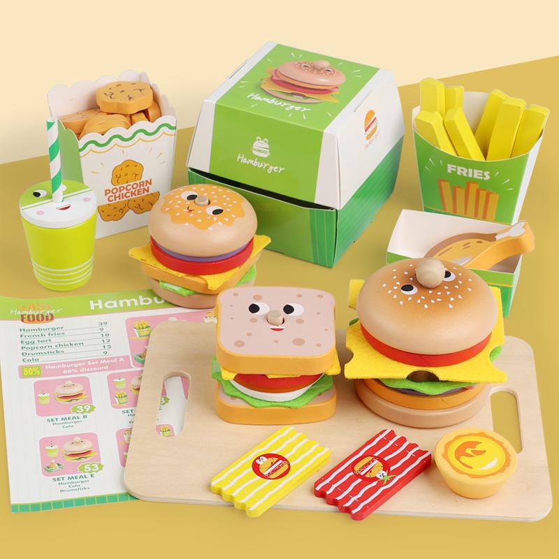 Wooden Children's Early Education Simulation Burger Fries Sandwich Set Play House Puzzle Kitchen Assembly Building Block Toy