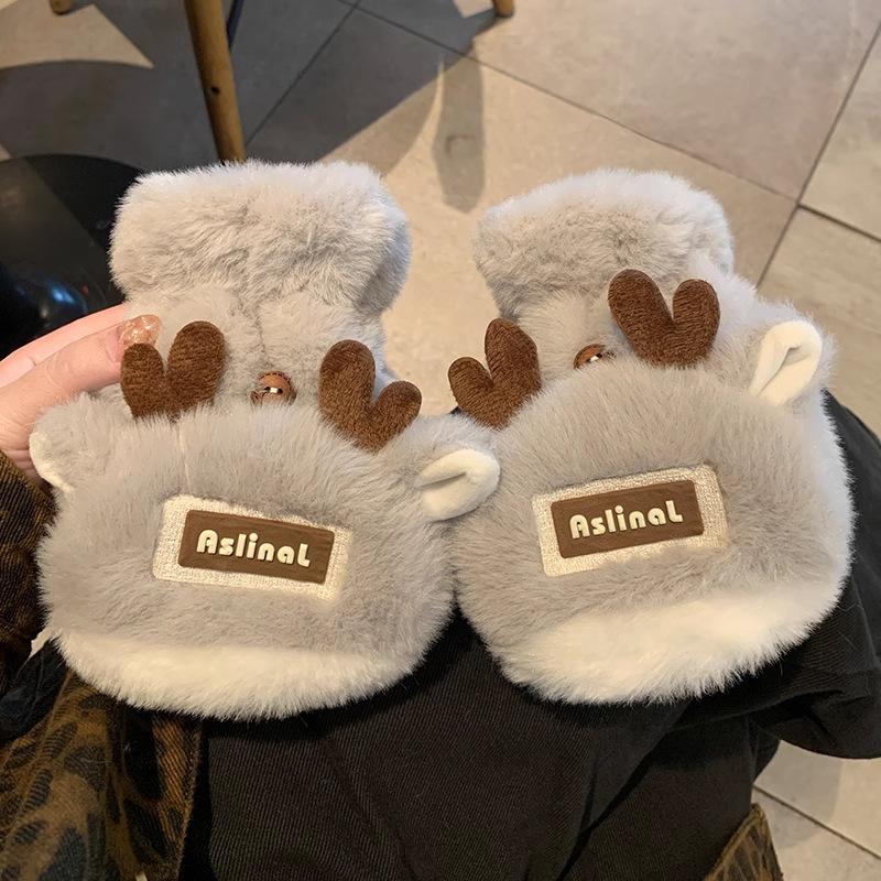 New Christmas antlers plush gloves women's thickened warm cute student cycling cold-proof half-finger gloves