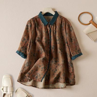 Summer Oversized Flesh Blocking Western Style Printed Collar with Five Quarter Sleeves Women's Cotton Linen Shirt Blouses & Shirts