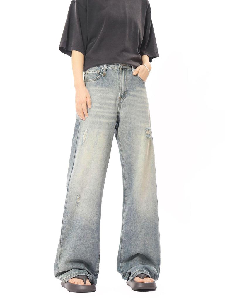 Yongfang Retro Distressed Wide-Leg Jeans - Unisex Street Style Ripped, Floor-Length Pants