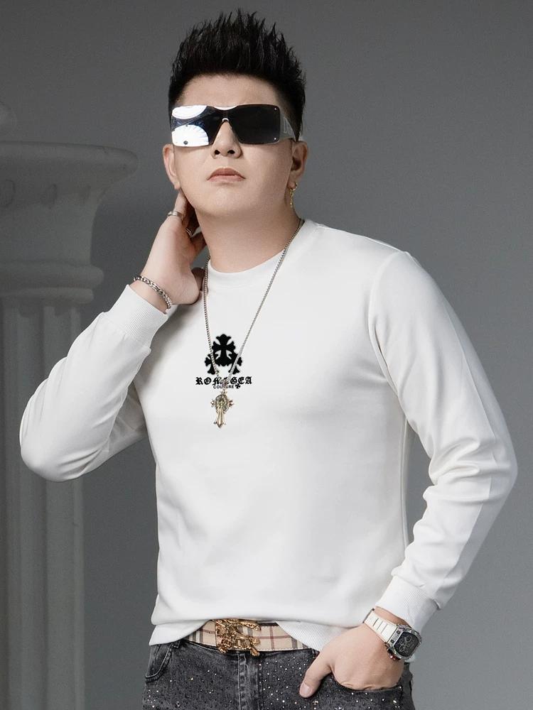European Style High-End Printed Men's Sweatshirt 2025 Autumn New Trendy Round Neck Long-Sleeve Top Base Shirt for Men