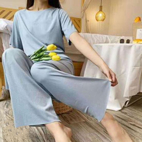 Ropa de descanso para mujer, cintura elástica a la moda, ropa de descanso para mujer de secado rápido, Top de tipo fino de Color sólido, pantalones, conjunto de ropa de dormir