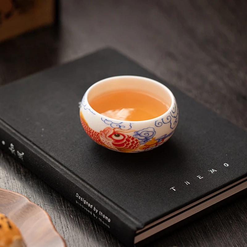 1pcs Chinese Style Fish Tea Cup White Ceramic Kung Fu Teacup Tea Set Household Small Cup Ceramic Teaware Gift 2025 New