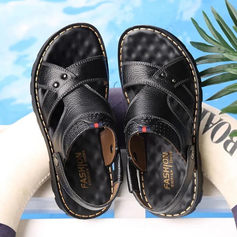 Men's 2025 Summer Leather Sandals Non - Slip Thick - Soled Soft and Comfortable for Beach and Outdoor Use