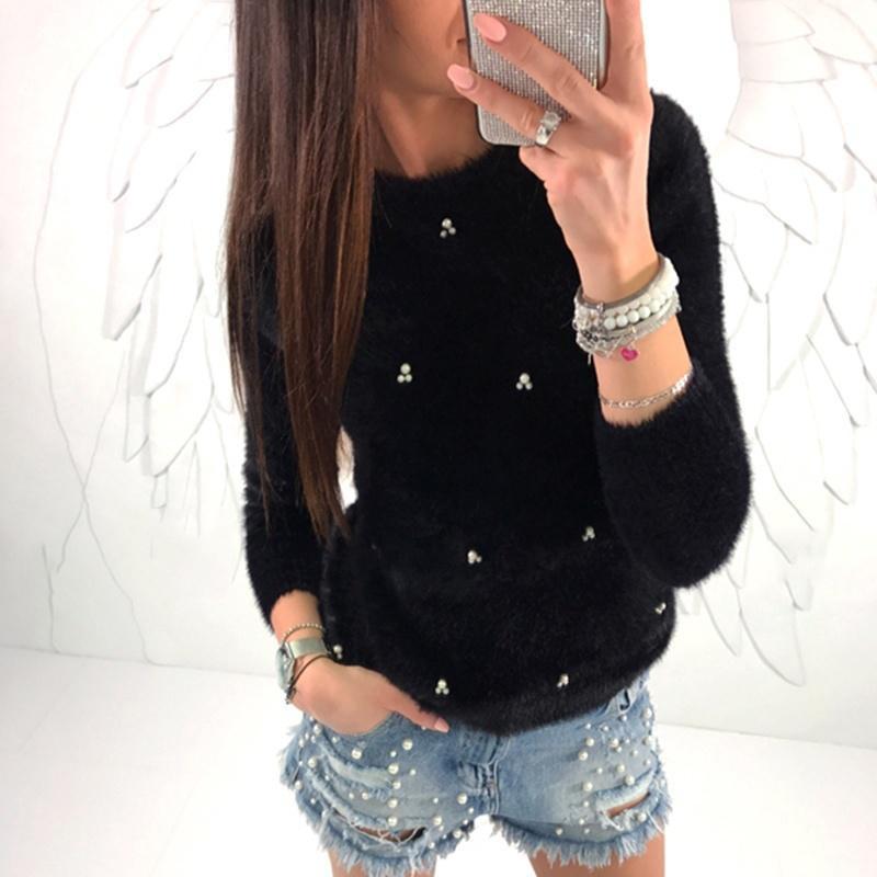 Cozy Women Plush Beaded Sweater Casual Solid Color Fur Sweatshirt With O-neck