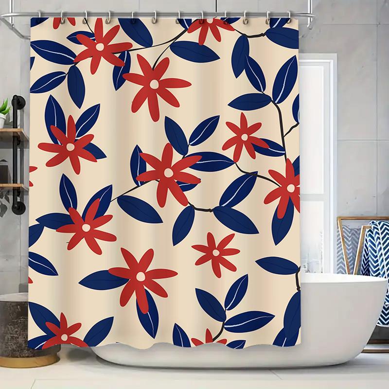 

Modern Decorative Shower Curtain with Blue Red Floral Print for Bathroom Waterproof Fabric Various Sizes Available on 90x180cm