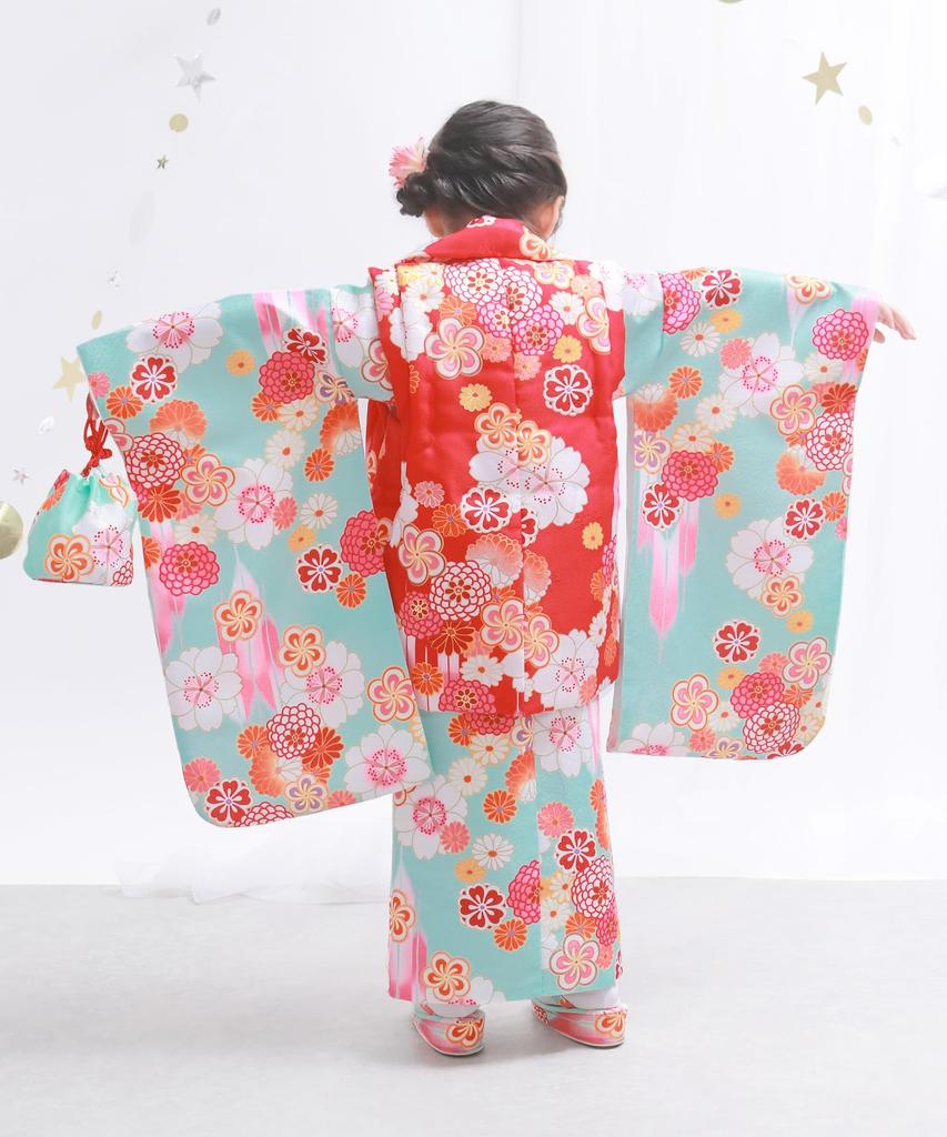 Kimono Set for Kimono Set Elegant A Set Patterned Nagajuban Hair Drawstring Waist Tabi Girls Aoi No [KYOETSU] [Kyoetsu] Shichi-Go-San (7-5-3 Festival)