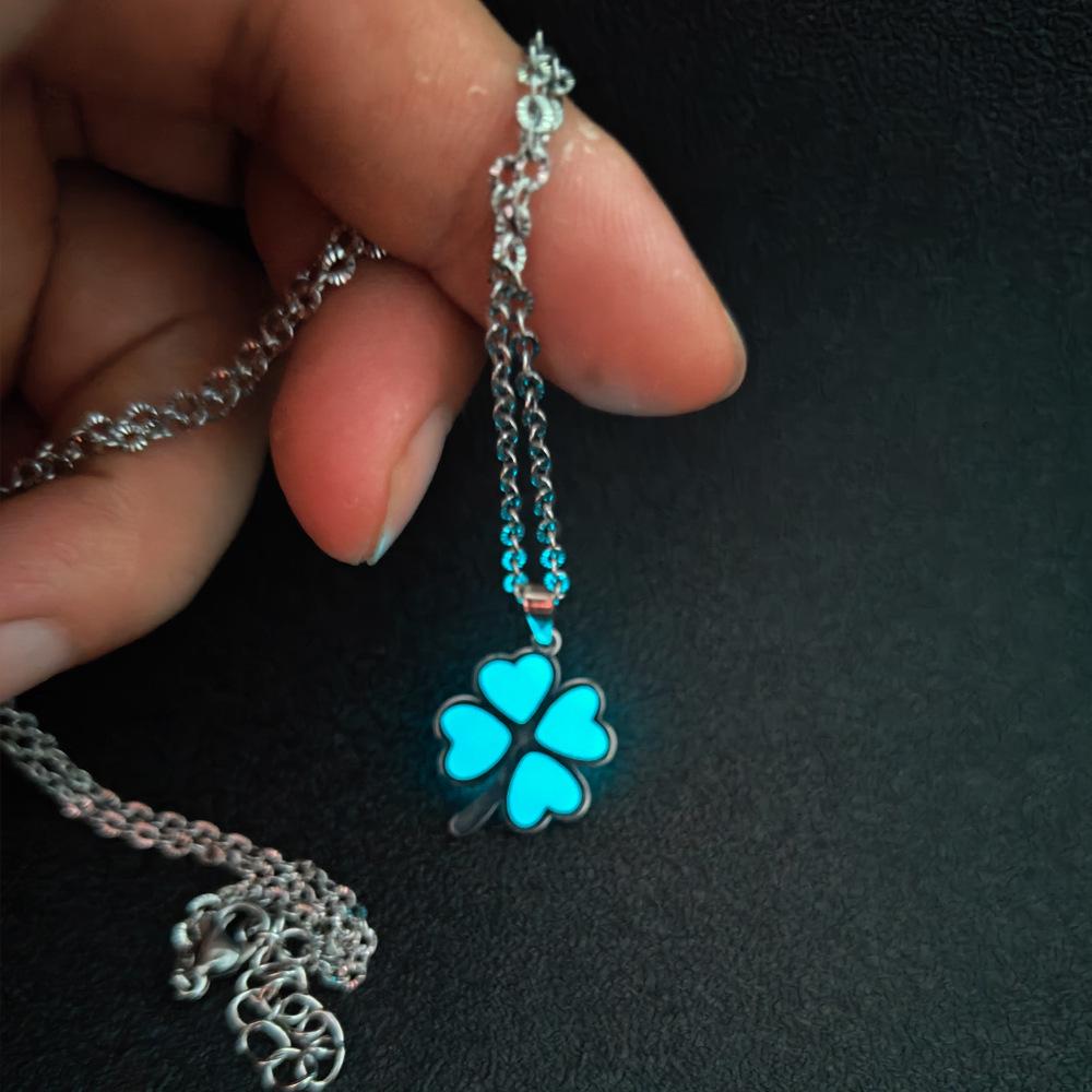 Luminous Stainless Steel Four-Leaf Clover & Glowing Gourd Pendant Necklace