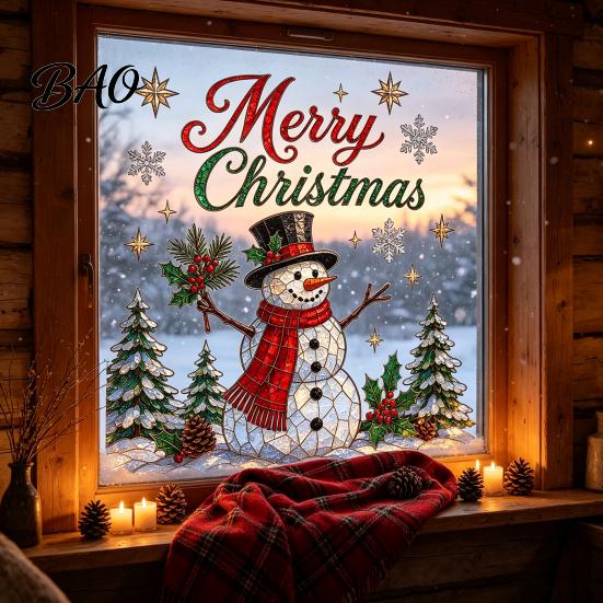 Durable PVC Wall Decor Christmas Window Stickers, Winter Holiday Decorations, Festive Art with Xmas Tree Reusable Clings Snowman Angel Patterns