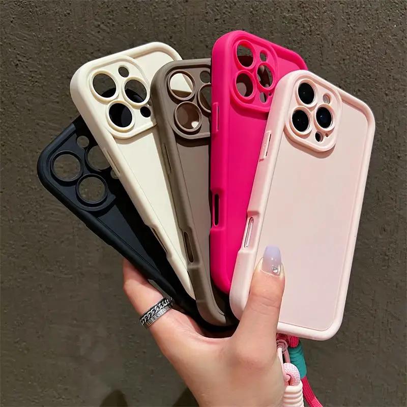 Luxury Candy Color With Lanyard Soft Phone Case For iPhone 17 Air 16 15 14 13 12 11 Pro Max Plus Shockproof Soft Cover