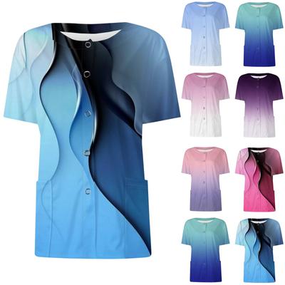 Women's Short Sleeved Patterned Pockets, Work Print Stand Up Collar, Single Breasted Protective Clothing, Cardigan Jacket, Top