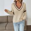 Women Long Sleeve V Neck Sweater Apricot Stripe Ribbed Knit Basic Cropped Casual Relaxed Fit Pullover Jumper