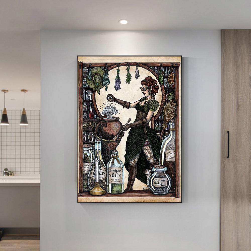 Průmyslová čarodějnice na výrobu lektvarů, malba na plátně, fantastický nástěnný umělecký plakát, vtipný obrázek pro obývací pokoj, domácí dekorace, cuadros