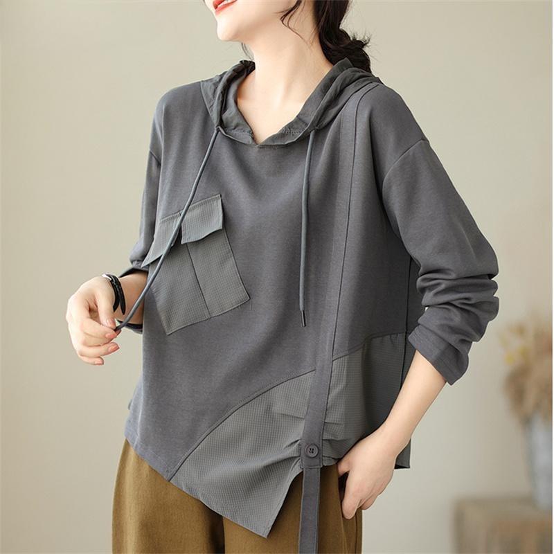 

Подовжений асиметричний трикотажний пуловер з капюшоном та кишеньою для осені XL сірий