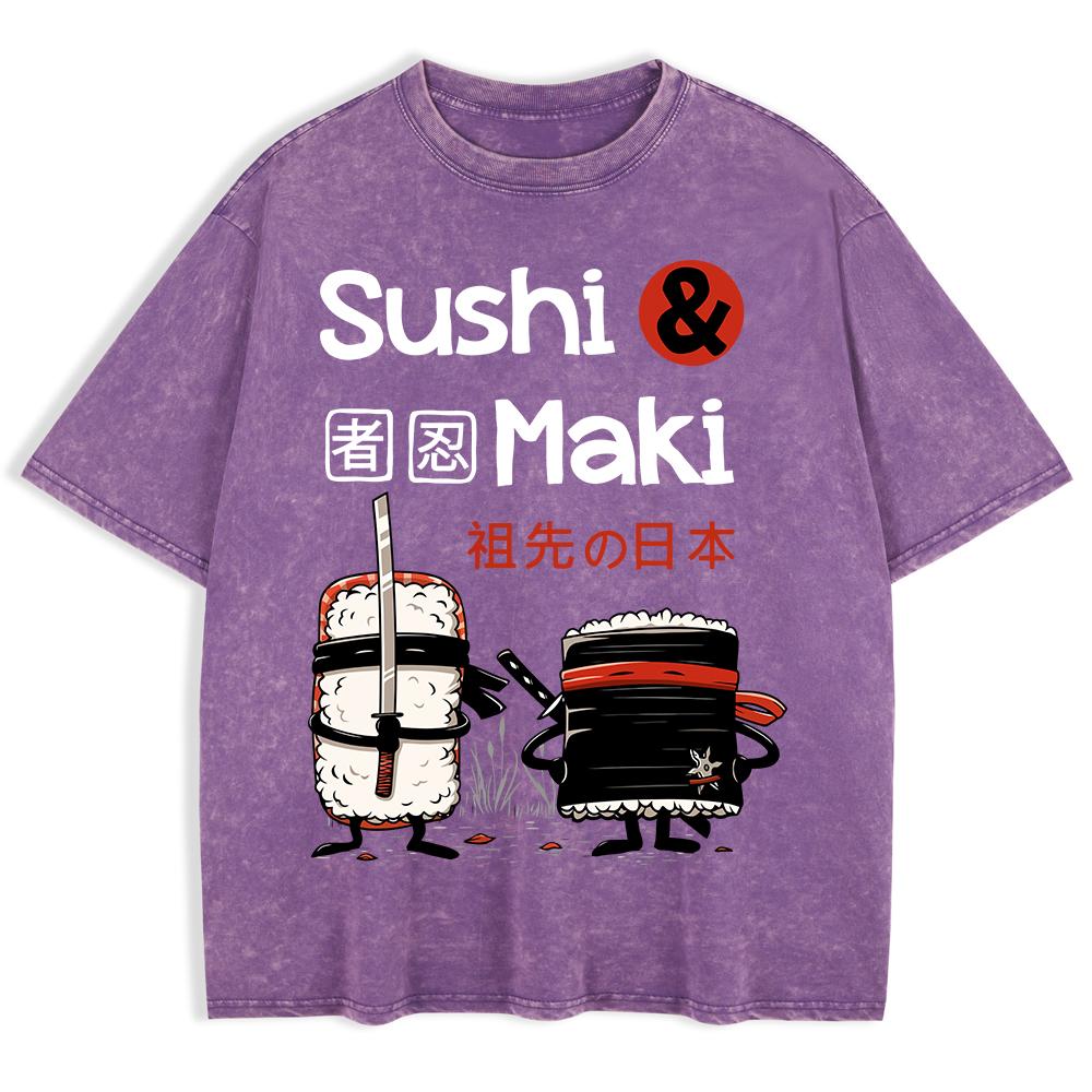 Japan Comics Ninja Sushi Printed Washed T-Shirts Mens Cotton Oversize T Shirt Basic O-Neck Short Sleeve Tops Summer Clothes