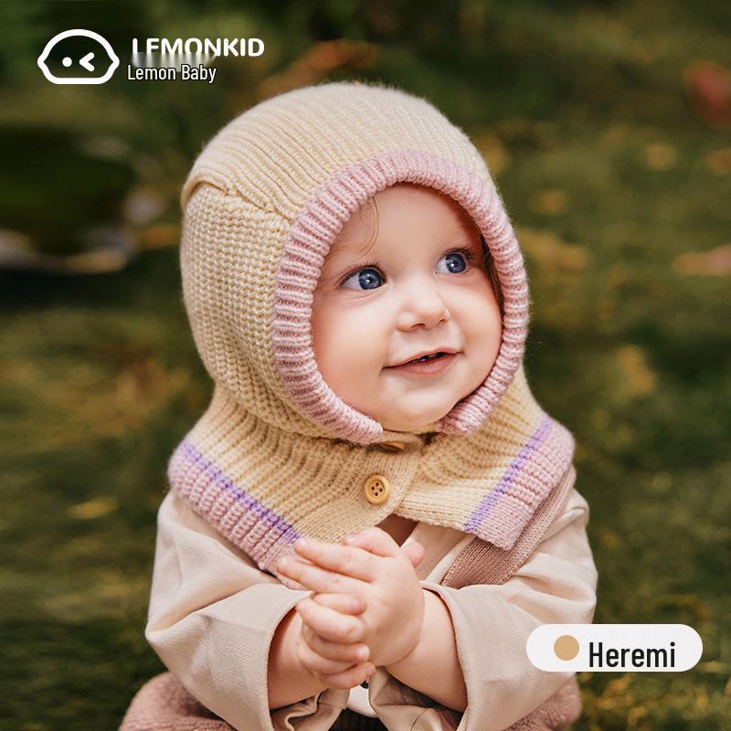 Lemon Baby Wool Knit Hat & Shawl Set - Warm, Windproof Autumn/Winter Infant Cap