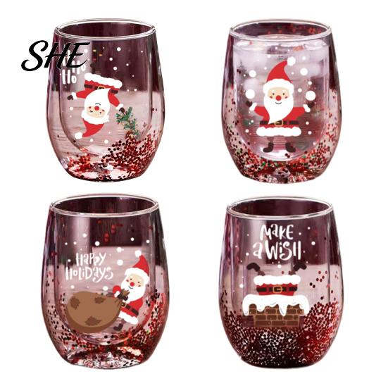 Vaso de Jugo de Doble Capa Taza de Capas, con Decoración de Patrones de Papá Noel/Árbol Pequeño/Pila/Bolsa Fiesta Navideña Bebida Arena Movediza Lentejuelas Transparente Borosilicato
