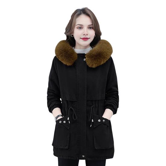 Winter Women Cotton Jacket with Furry Hood with Double Pockets Drawstring Waist Mid Length Zipper Closure Coat Solid Color Windproof Outwear Parka