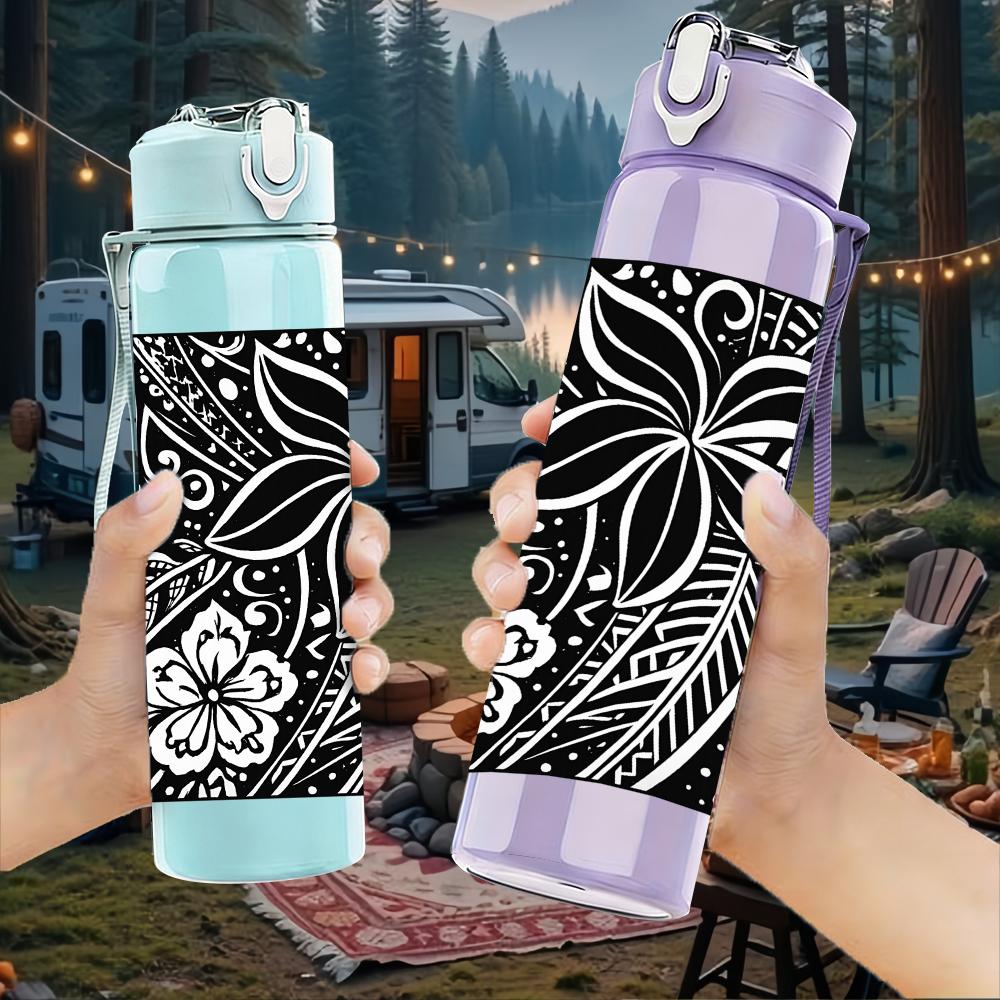 1PC Tropical Black Flower 750ml Color Plastic Sports Water Bottle Leakproof Flip Straw Lid For Sports Office Home Use