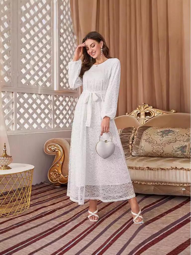 European and American Autumn/Winter Women's Round Neck Lace Tie Long Sleeve Slimming Evening Dress