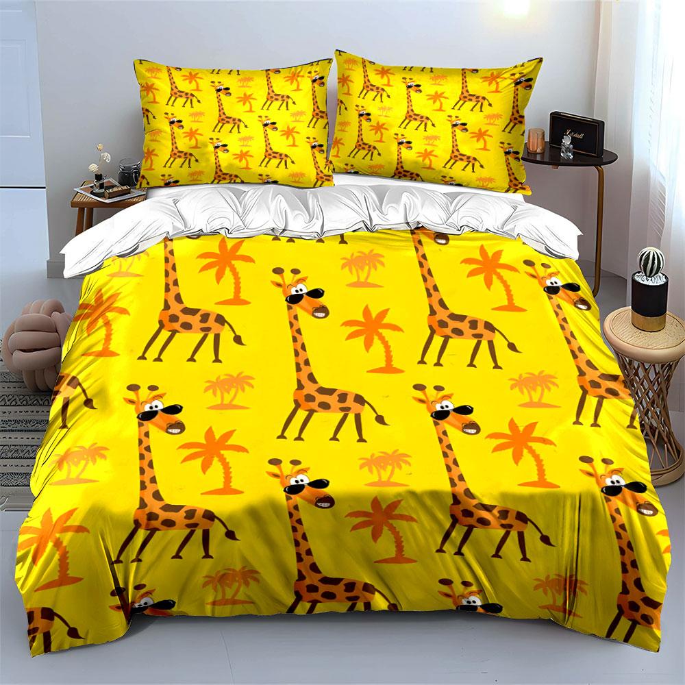 Cartoon Giraffe and Palm Print Bedding Duvet Cover Set (1*Duvet Cover 2*Pillowcases, Without Duvet Insert)