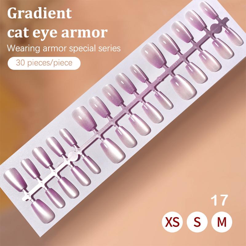 

30 шт. накладных ногтей во французском стиле с градиентом и эффектом кошачьих глаз, полное покрытие, искусственные накладные ногти в наличии, три размера, Nail Enthusias