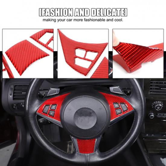 Red Carbon Fiber Steering Wheel Button Frame Sticker For BMW 6 Series 2004-10