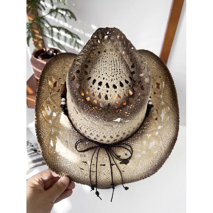 Hollowed-out straw knight hat for women, summer ethnic style sun protection hat, western cowboy straw hat, men's sun hat