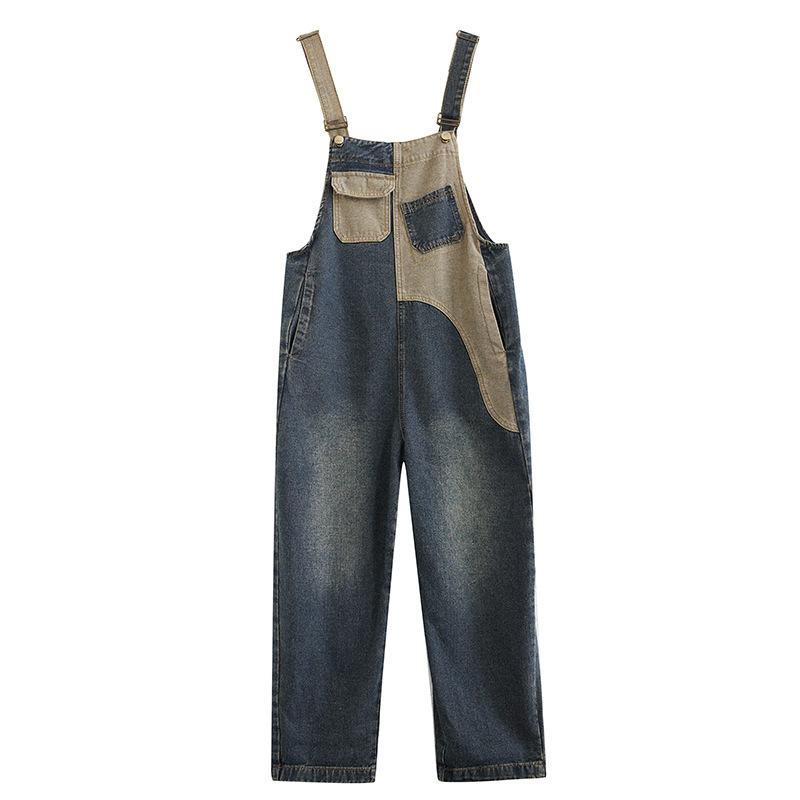 Suspender Pants Fashion Denim Overalls Women's Spring and Autumn Loose High Waist Contrast Color One-piece Wide-leg Nine-point Pants