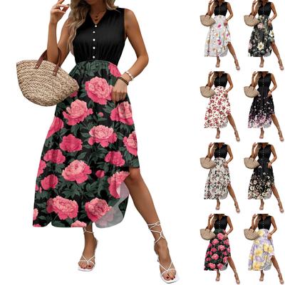 Women's Casual And Fashionable V-neck  Sleeveless Printing Mid Length Dress