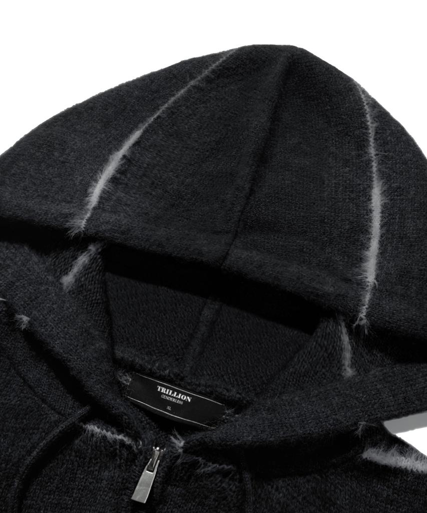 TRILLION Washable Wool Hairy Stripe Hooded Zip-Up Knit_Black