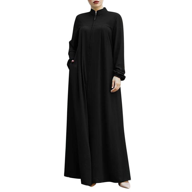 Abaya Ramadan da Donna Oversize con Zip Frontale Abito Musulmano Tasche Collo Alto Abbigliamento Monocolore Ampio