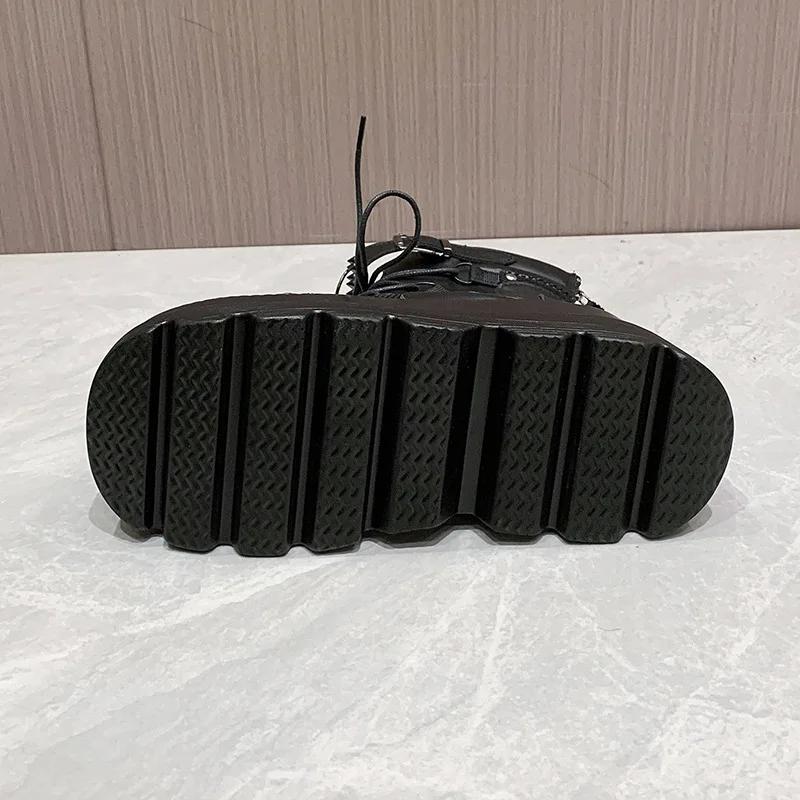 Novo Design Botas Punk Góticas para Motociclista Plataforma Salto Alto Grosso Cano Curto Botina Feminina Cool Salto Anabela Sapatos Femininos Pretos