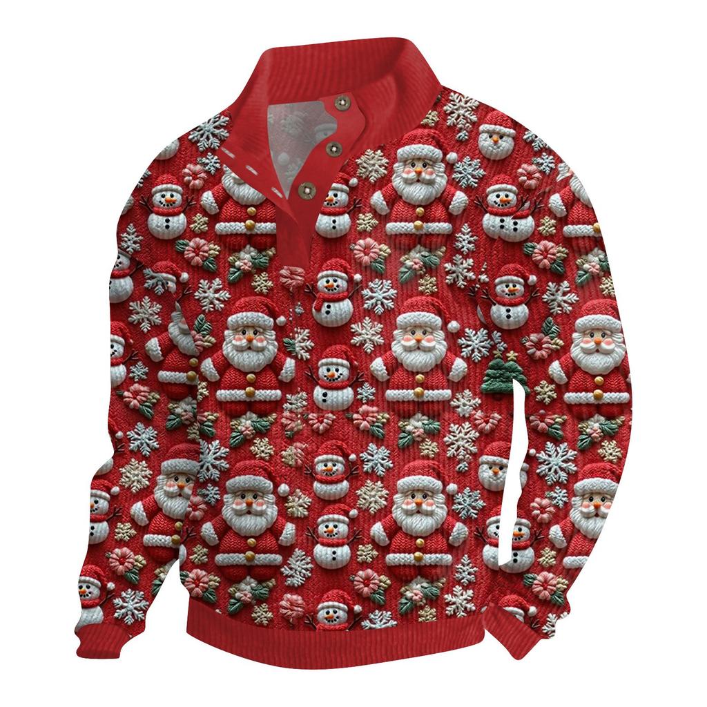 Men's Christmas Cotton Pullover Long Sleeve Outdoor Shirt Vintage Corduroy Button Stand Collar Shirt Casual Sweatshirt Christmas Print Top