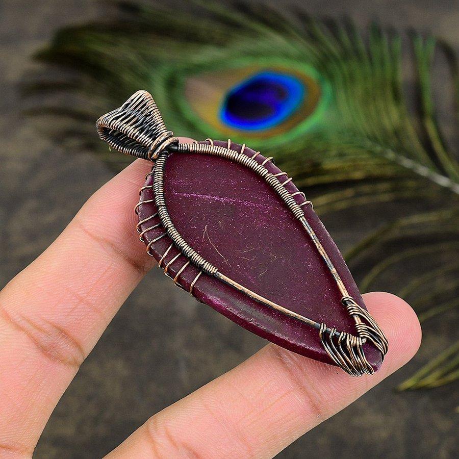 Rubin Piatră Prețioasă Naturală Lucrat Manual Bijuterie Pandantiv Înfășurat în Sârmă de Cupru 2.80" b2B22