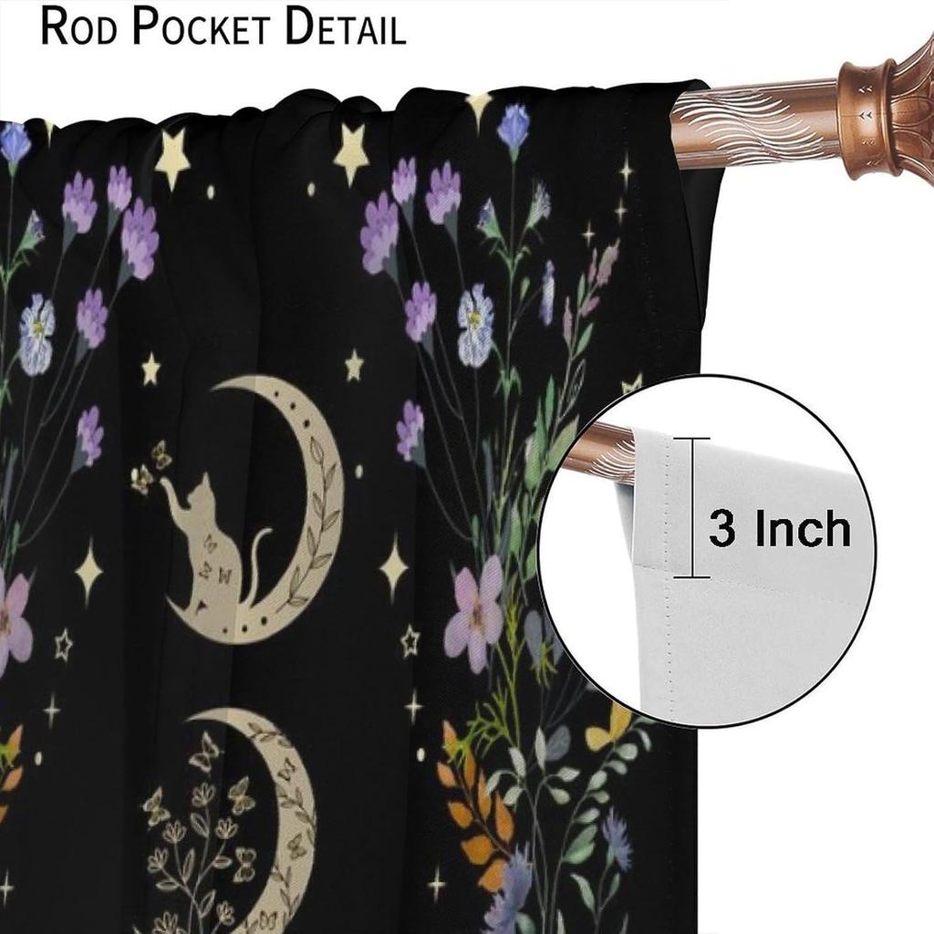 Bohemian Moon Flower Bedroom Curtains Phase Black Cat Natural Plant Moonlight Print Living Room Drapes Panels Se Curtain Polyester Ideal For Sitting