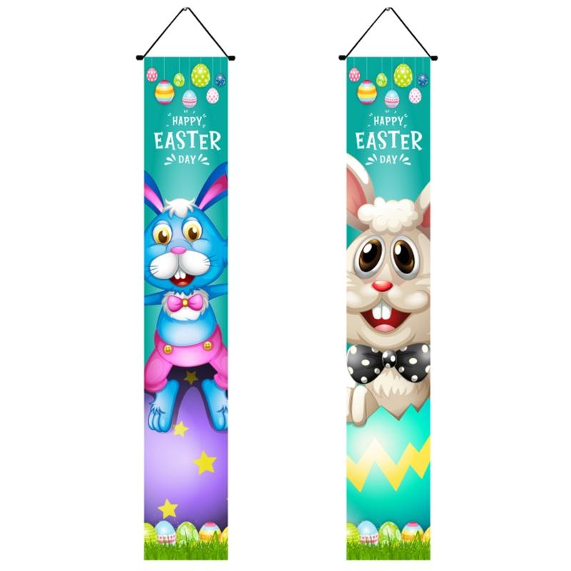 Happy Easter Couplet 1 Pair Door Curtain Hanging Banner Bunny Egg Carrot Decor 2024 for Home Decor Springtime Party Front Door