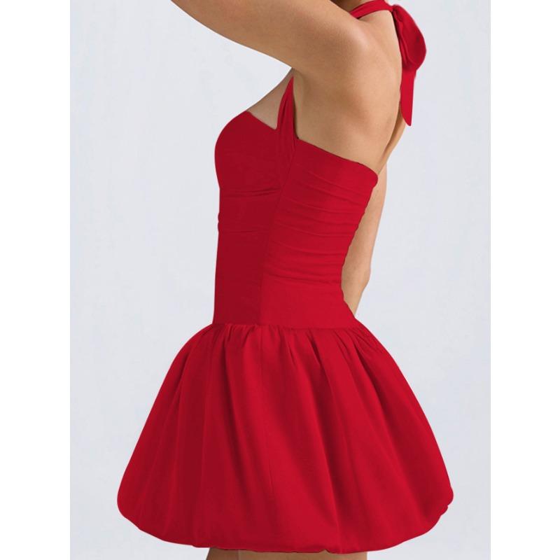 Women's Summer Pleated Backless Sexy Lace Up One Line Neck Princess Dress