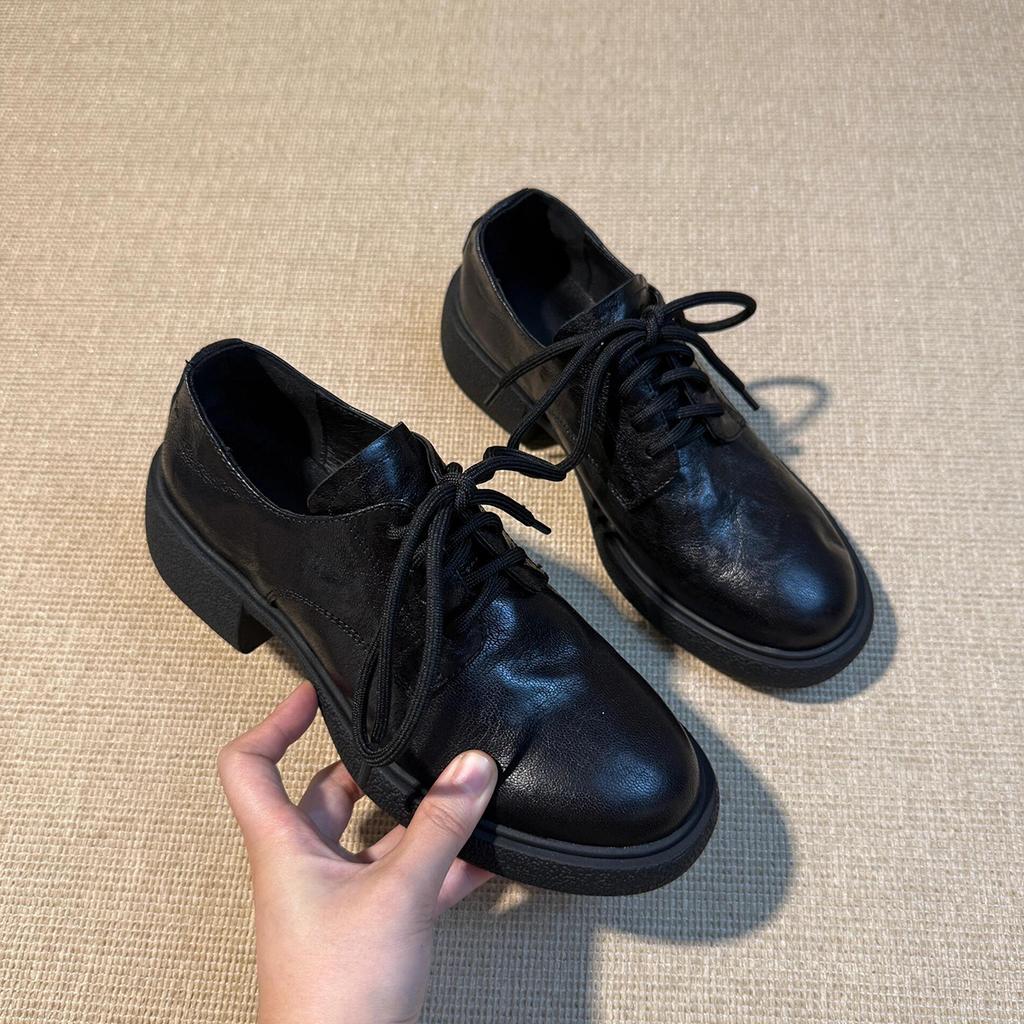 Cowhide Version~ British Style Lace-up Thick Heel Small Leather Shoes Women's Versatile Leather Silent Tire Sole Round Head Commuter Shoes