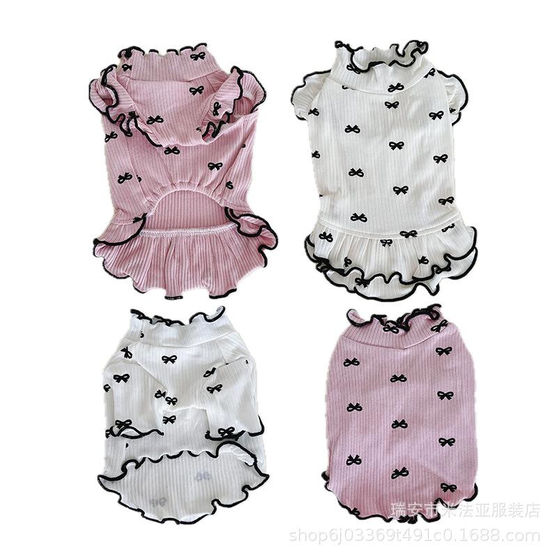 Pet Bow Printed Base Shirt Dog Dress Spring Autumn Bow Flying Sleeve Dress Long Sleeved Base Shirt Dog Clothes for Small Dogs