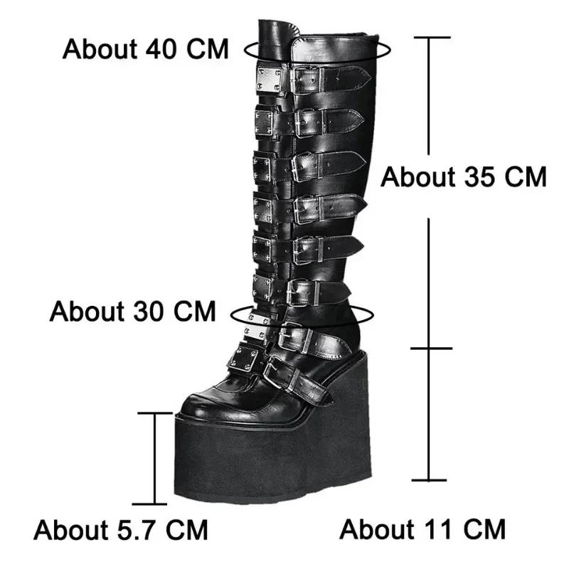 Women Boots Cosplay Ladies High Heel Platform Wedges Women High Boots Gothic Buckle Strap Long Tube Leather Female Boots Plus Si