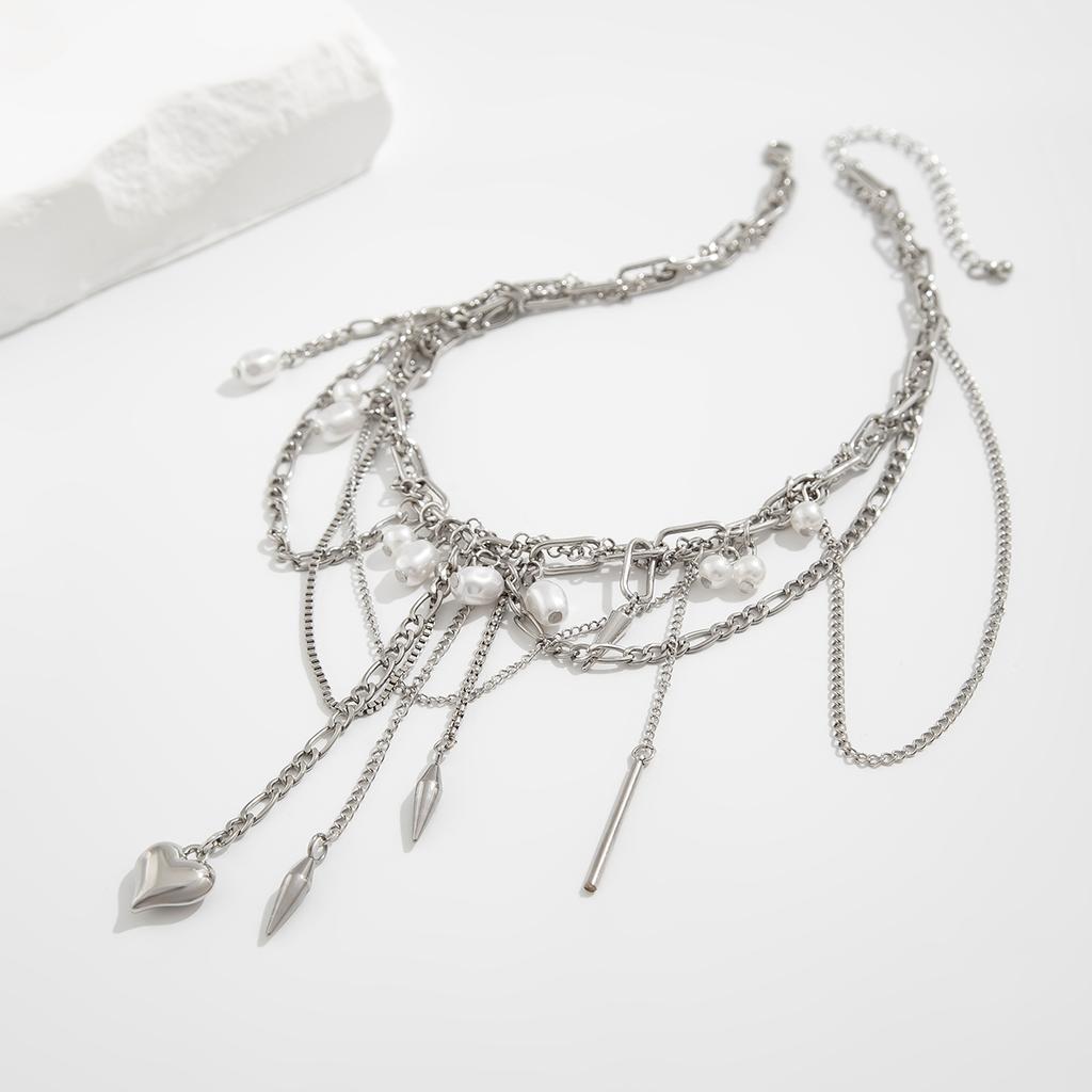 Women's Multilayer Tassel Love Heart Pendant Choker Necklace Trendy Punk Silver Color Metal Chain Party Jewelry Gift