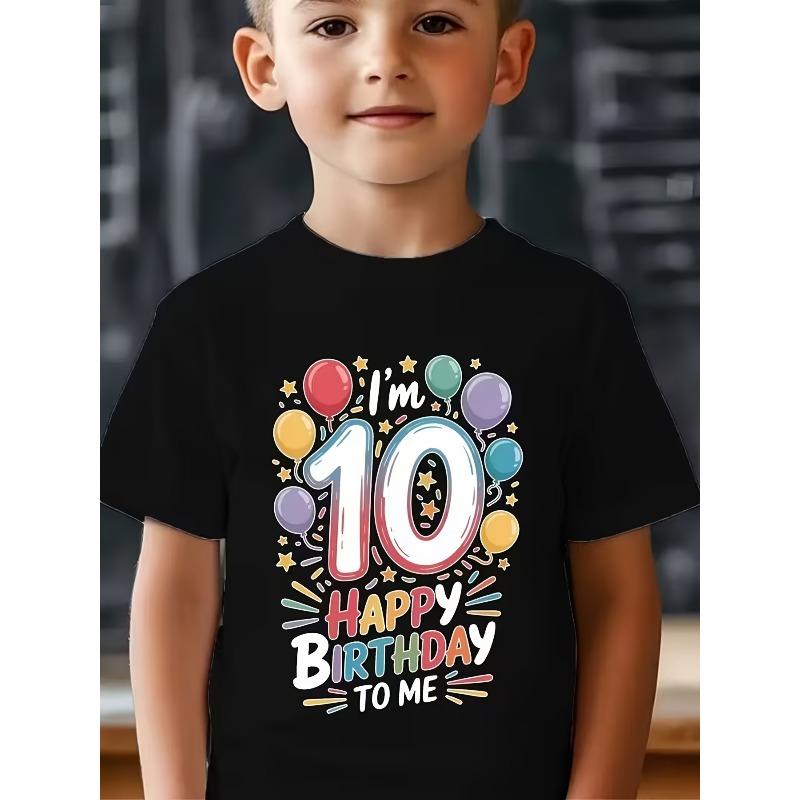 European Sizes Boy T-Shirt - Red Balloon and Star Print, Lightweight and Breathable Short Sleeve Crew Neck Casual Summer Top, Birthday Party Outfit