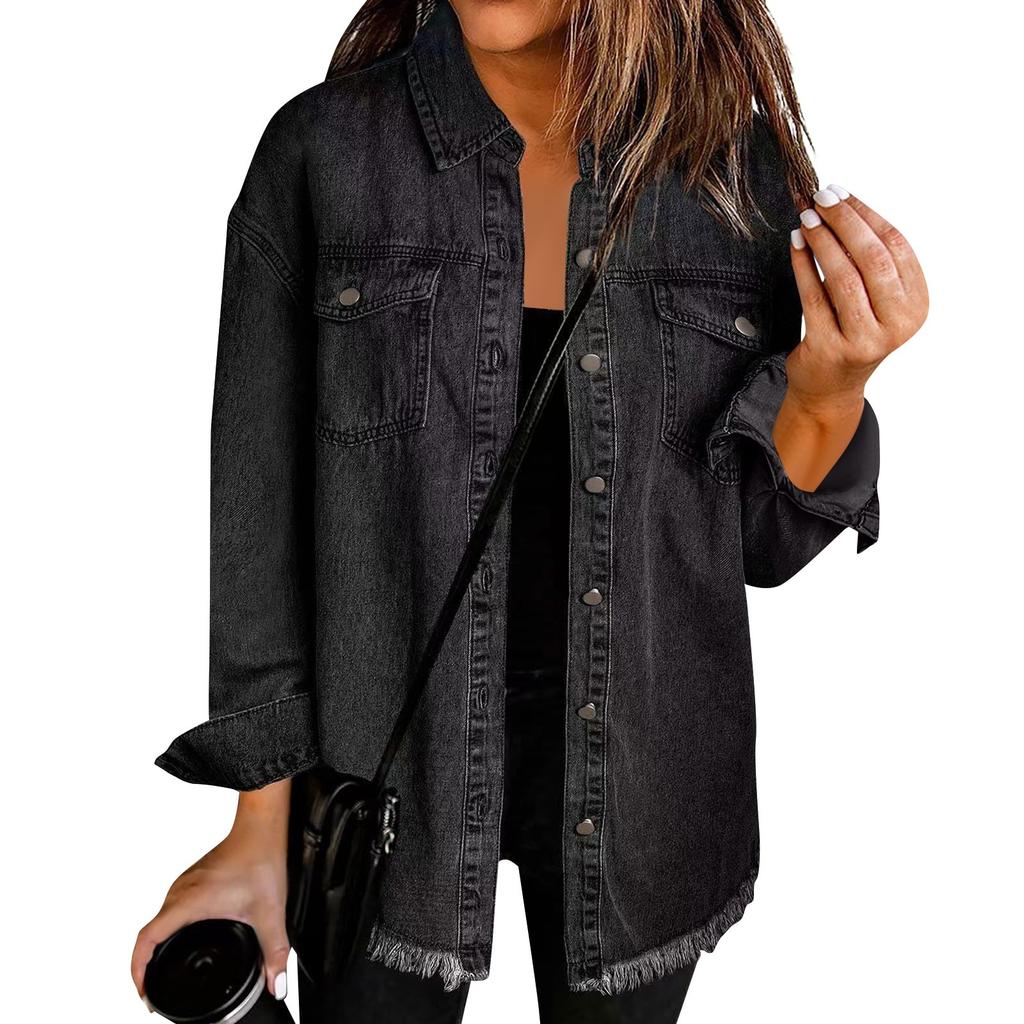 Women's Fashion Denim Shirt Jacket Milled Hem Button Casual Long Sleeve Jacket