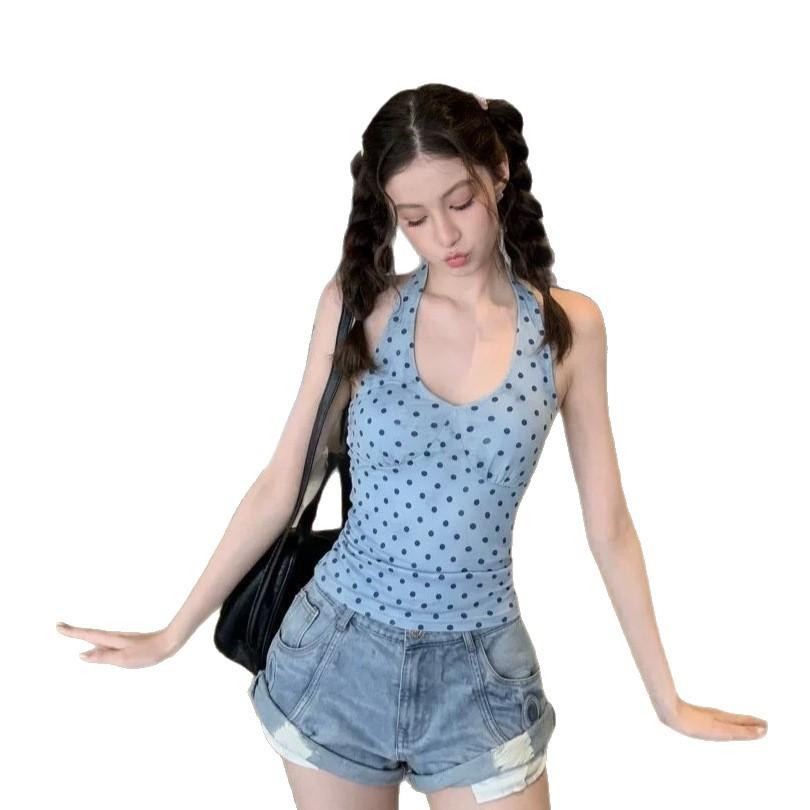 Blue Polka Dot V-neck Neck Sling Vest Women's Summer New American Spice Girl Style Slim-fitting Sleeveless Top