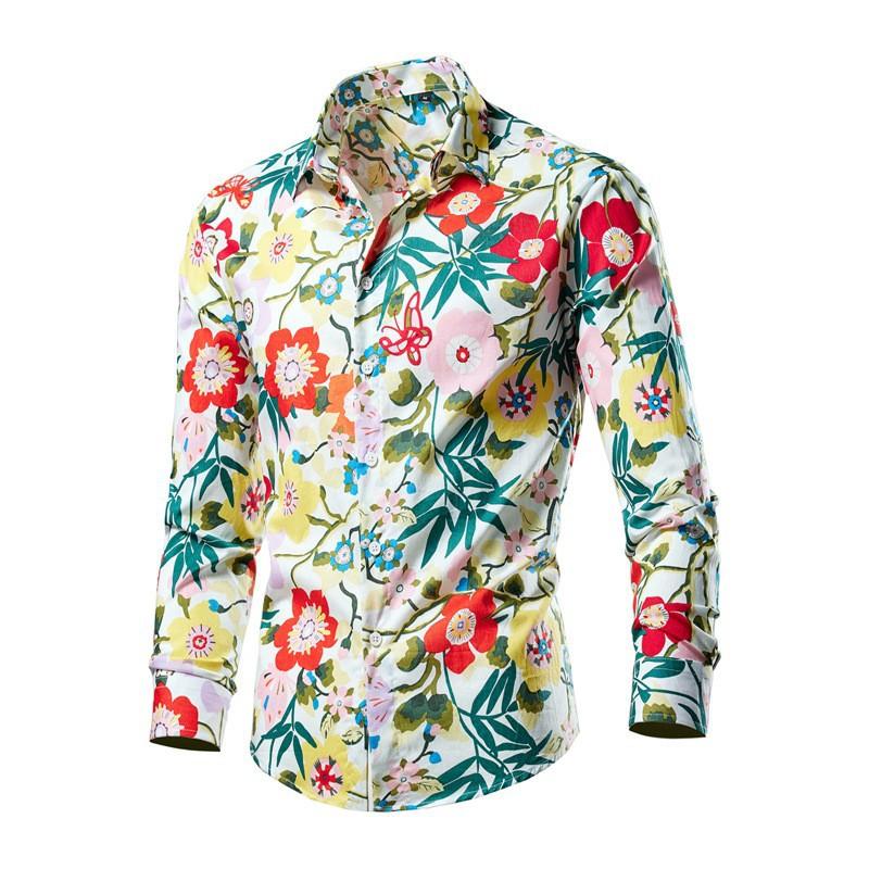 Men's Baroque Style Floral Print Shirt Contrast Collar Long Sleeve Button Up Casual Top
