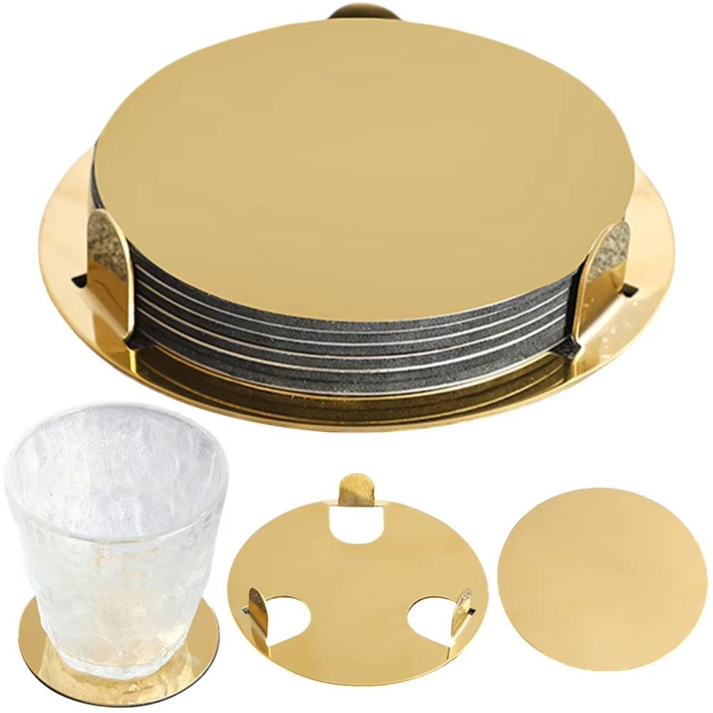 Scald-proof Gold Stainless Steel Coaster Set Round Mug Cushion Kitchen Gadgets Drink Pad  Tabletop